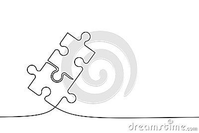 Two connected puzzle pieces of one continuous line drawn. Jigsaw puzzle element. Vector Vector Illustration